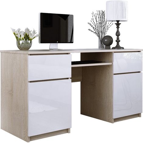 Bureau : 2 Tiroirs, Chêne Sonoma / Blanc Brillant, 135 x 77 x 50 cm (1/5)