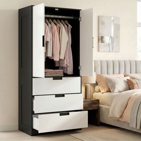 Armoire 2 portes et 3 tiroirs, armoire moderne avec penderie, pour chambre, noir et blanc (1/5)