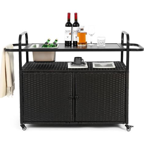 Table de bar d'extérieur, chariot de bar en osier avec placard, desserte de terrasse avec plateau en acier, un seau à glace, roulettes verrouillables, panier latéral, idéal pour le jardin, la piscine 