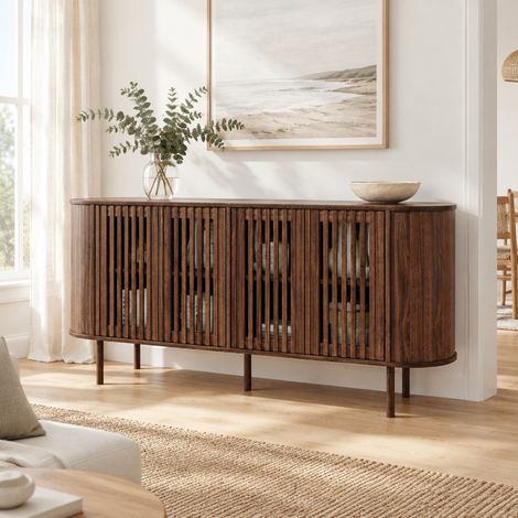Aparador de salón 160 cm con 4 puertas correderas perforadas, estantes ajustables y patas de metal negro en madera oscura – CHICFURN para comedor, recibidor u oficina (1/5)