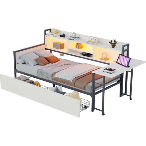 Canapé-lit en métal 90 x 200 cm, avec éclairage LED et espace de rangement, tiroirs, prise multifonction, bureau rabattable, dossier souple, lit simple, blanc (1/5)