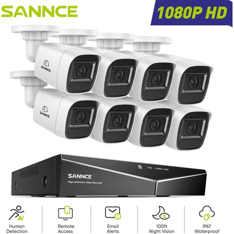 SANNCE Kit di Videosorveglianza Cablato 1080P 16CH 8 Telecamere Bullet 2MP,Sistema di Telecamere di Sicurezza Accesso Remoto Visione Notturna (1/5)