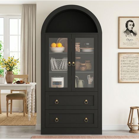 Buffet 80x36x170 cm en panneaux de bois noir, avec rangement pour salon FloraGrace (1/5)