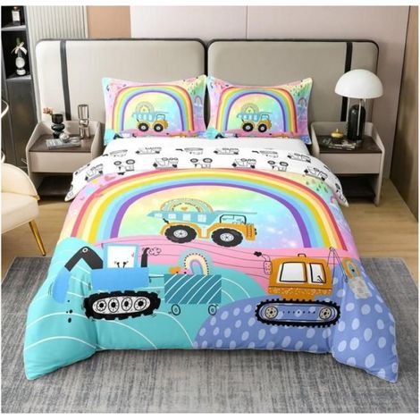 Excavatrice Arc-en-Ciel Housse de Couette pour Chambre d'enfant 1 Personne 240x260 cm Véhicule de Chantier Microfibre EJR (1/3)