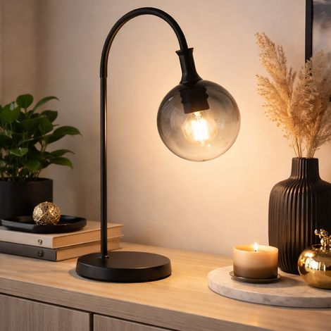 LED Tischlampe Rauchglas Tischleuchte Kugel Beistelllampe schwarz Wohnzimmerlampe, Metall, 7W 806lm warmweiß, BxH 22,5 x 57,5 cm