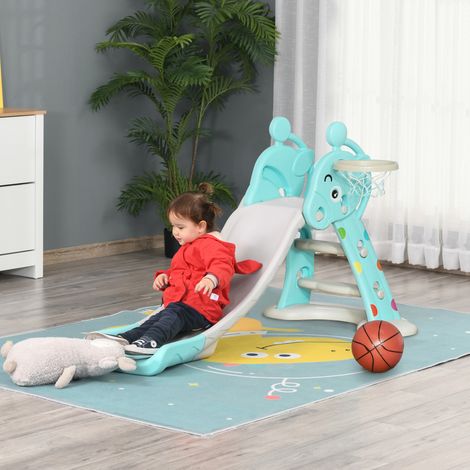 Bleu Gris 140x87x85,5 cm - Toboggan pour enfants +18 mois pliable 2 en 1 avec panier de basket modèle girafe jouet pour enfants intérieur et (1/4)