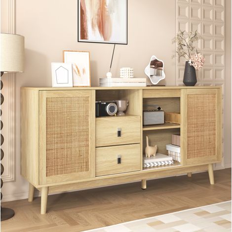 Sideboard mit 3 Schiebetüren aus Natur-Rattan, 2 Schubladen, 155 x 38 x 80 cm HAVRYA (1/5)