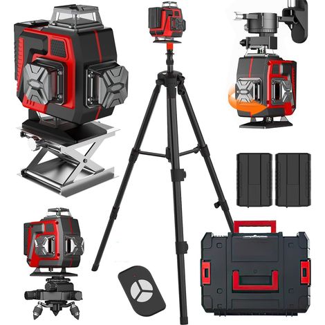 Niveau Laser Vert Autonivelant 4x360°, Rotatif 4D 16 Lignes Autonivellement Niveau, Laser Chantier avec télécommande, base magnétique et Batterie rechargeables 2× 2400mAh (Avec trépied)