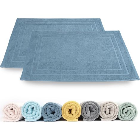 Lot de 2 tapis de bain - 100 % coton éponge - 50 x 70 cm - Qualité 700 g/m² - Séchage rapide - Absorbant - Lavable - Bleu tempête (1/5)