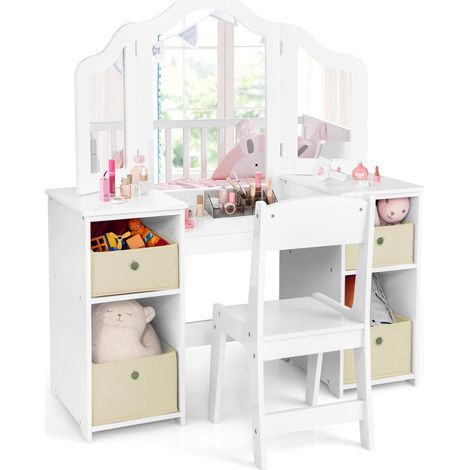 Coiffeuse enfant 2 en 1 avec bureau, 3 miroirs amovibles en acrylique et 4 bacs de rangement, blanc (1/5)