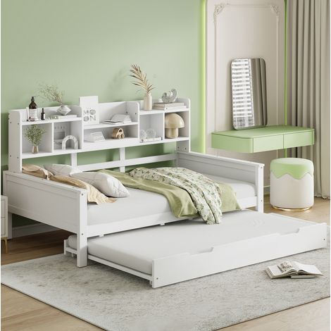 Banquette-lit gigogne 205x97x110 cm blanche en pin massif avec rangements (1/5)
