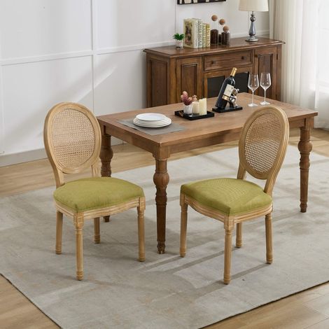 Chaise de salle à manger style français, cadre en bois massif, dossier en rotin, tissu lin, lot de 2, vert olive (1/5)