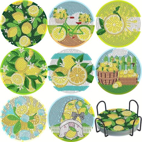 Diamond Painting Untersetzer Set mit Halter, 8 Stück Zitronenmuster, Acryl, 10x10cm (1/4)