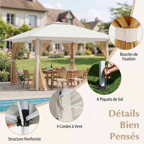 Tonnelle pliante beige 394 x 394 cm en tissu Oxford avec double toit et moustiquaires amovibles (1/5)