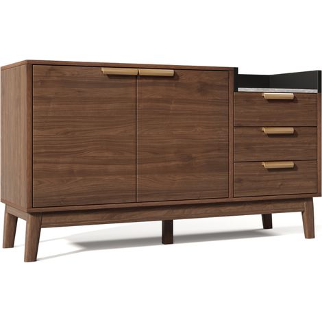 Commode de salon en chêne avec plateau aspect marbre, 3 tiroirs, placard double porte réglable, pieds en bois massif, H77 x L120 x P40 cm (1/5)