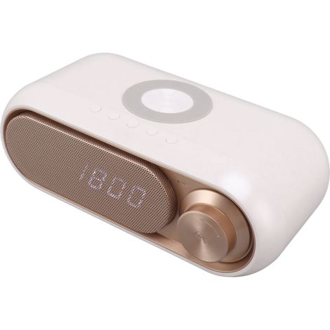 Radio-réveil avec chargeur sans fil, haut-parleur Bluetooth, affichage LED, radio FM, haut-parleur Bluetooth avec chargeur sans fil, blanc doré, 10 W (1/5)