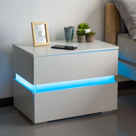Comodino Mobiletto Cassettiera 2 Cassetti Design Con Led in legno MDF Bianco (1/5)