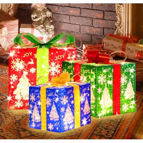 Ensemble de 3 Boîtes Cadeaux Pliantes Noël avec Sapins LED PVC (S/M/L) – 3 Couleurs, Télécommande, 8 Modes Clignotants – Décoration Fête Anniversaire-lsw