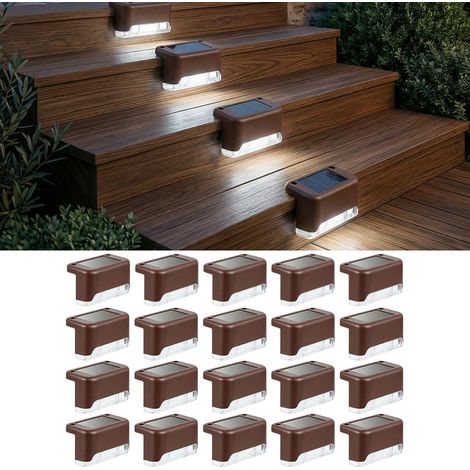 Lot de 20 lampes solaires extérieures LED étanches IP65 pour escalier marche clôture cour terrasse lumière blanche corps couleur marron (1/5)