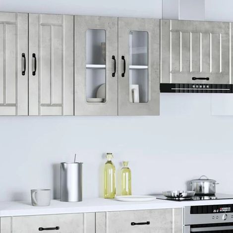 Meuble mural de cuisine en béton gris avec porte vitrée, rangement moderne style industriel (1/5)