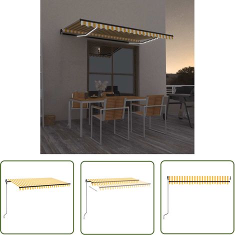 The Living Store Auvent manuel rétractable avec LED 450x300 cm Jaune et blanc - Auvent Retractable - Abri Extérieur - Parasol - Pergola - Terrasse (1/5)