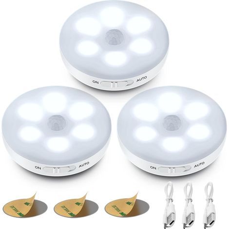 Veilleuse LED Automatique, Lampe Detecteur de Mouvement Interieur, Lumiere Autocollante USB Pile Rechargeable, LED Sans Fil (Blanc) (1/5)