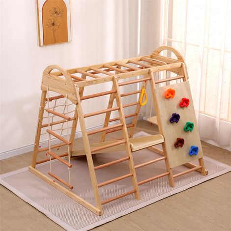 Aire de jeux 7 en 1, avec balançoire, escalade, toboggan, filet d'escalade, pierre d'escalade en plastique, anneaux, en bois massif, naturel (1/5)