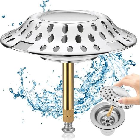 Bouchon de baignoire 2 en 1 avec filtre à cheveux, bouchon de baignoire Ø 72 mm, filtre d'écoulement de baignoire avec filtration, anti-obstruction, hauteur réglable pour toutes les baignoires