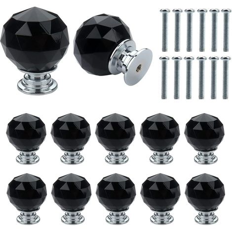 Lot de 12 poignées de porte en verre cristal noir de 30 mm avec vis, poignées de luxe légères haut de gamme pour placards, tiroirs et portes, poignée (1/5)