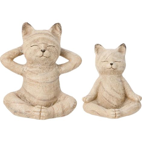 Lot de 2 Statuettes Chats "Yoga" 20cm Naturel