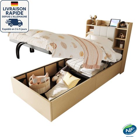 Cama canapé 90x200 - Cama 90x200 Cama adulto + 1 somier - Canapé cabecero con puertos USB y enchufes Tape-C - Madera certificada PEFC - Color madera (1/5)