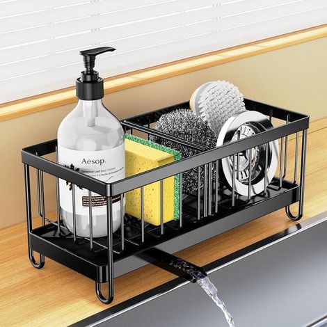 Organisateur d'évier - 24 x 10 x 9,5 cm - Noir - Acier inoxydable - Organisateur de plan de travail - Résistant à la rouille - Étagère d'évier - Égouttoir (1/5)