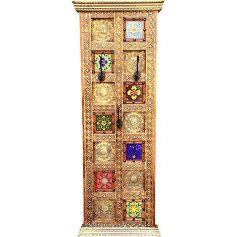 Patère Murale Porte-Manteau en Bois d'Acacia Massif avec 3 Crochets en Métal et Carreaux Colorés - PANGIVO (1/5)