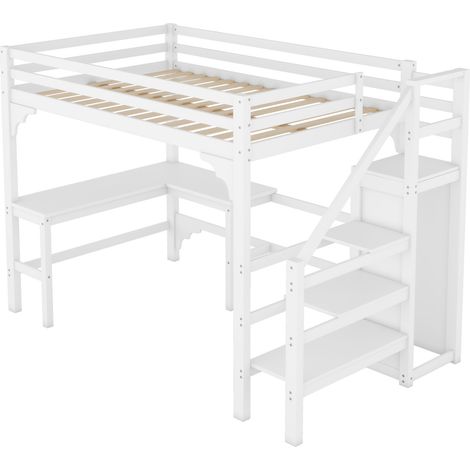 Cama alta 140 x 200 cm con escritorio en L y armario abierto blanco HOMVRA (1/5)