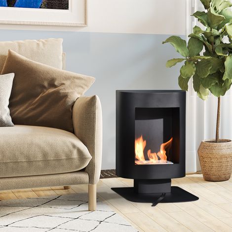 Chimenea de bioetanol con depósito de 0,9 L y 3 horas de autonomía, cobertura de hasta 20 m², potencia térmica de 2000 W, 46,5 x 53 x 65 cm, color negro.