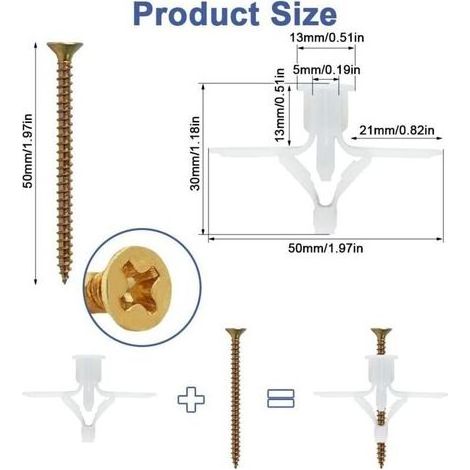 200 Pièces Cheville Placo Charge Lourde avec Vis,(100 Cheville Placo + 100 Vis Autoforeuse Beton),Chevilles pour Plaques de Plâtre,Vis pour Fixation sur Mur Placo,pour Murale Plaque de Plâtre