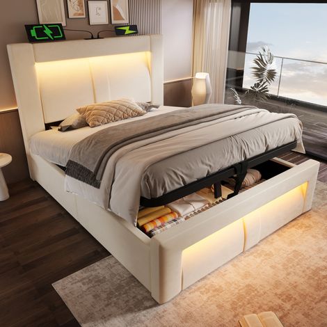 letto contenitore 90x200 LED USB velluto beige OKMYHOME (1/5)