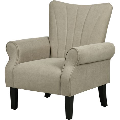 Upholstered Accent Chair with Rolled Arms Wood Legs, Armchair for Living Room Bedroom, Beige (1/5)