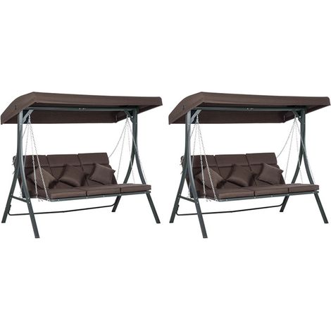 2er-Set hollywoodschaukel 3-Sitzer, Schaukelbank mit Verstellbarem Sonnendach, mit Kissen, bis 270 kg Belastbar, Metall, Texteline, Braun
