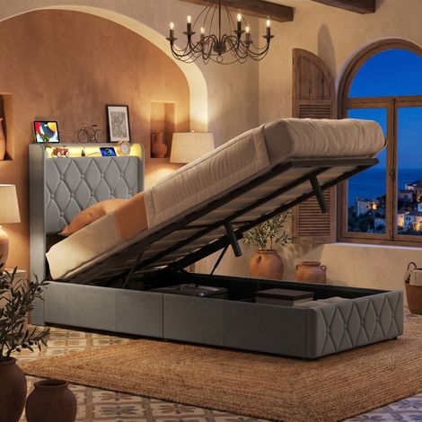 Cama Canapé Individual 90x200 cm, Terciopelo Tapizado Capitoné, Somier de Láminas, LED y USB/Tipo-C, Gris Oscuro (1/5)