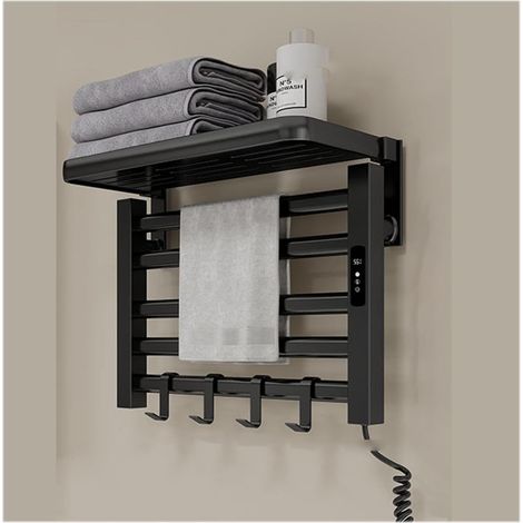 Sèche-Serviettes électrique Mural, avec Tablette supérieure Rabattable, minuterie intégrée et réglage de la température, pour Salle de Bain, hôtel, Salon et Spa, Noir (1/5)