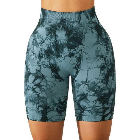 Short De Yoga - Taille Haute - Contrôle Du Ventre Et Soulèvement Des Hanches - Séchage Rapide Et Respirant - Bleu Tie-Dye - 1 Pièce (1/5)