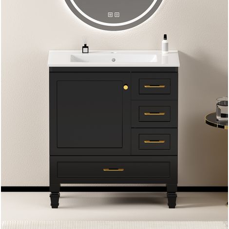 Mueble de baño de MDF y cerámica negro de 75 cm con 1 puerta de cierre suave y 3 cajones (1/5)