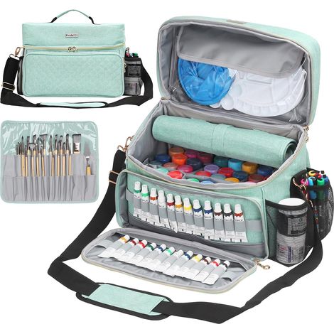 Sac de rangement pour fournitures artistiques avec support de pinceau amovible et cloison - Étui de transport pour maison/voyage/extérieur pour marques, peinture acrylique, palettes, seaux pliants (1/5)
