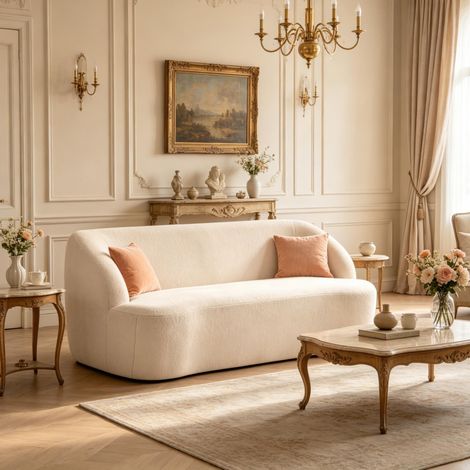 Sofá de 2 plazas 142 cm en tejido bouclé beige con respaldo curvado sin montaje - CHICFURN (1/5)