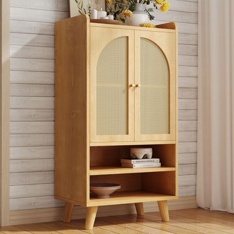 Buffet haut en bois, 60x40x120 cm, avec 2 portes en rotin et 2 niches ouvertes, meuble de rangement multifonction pour salon, chambre et cuisine (1/5)