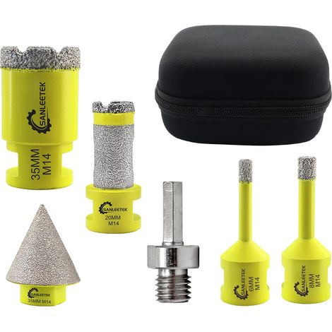Foret Diamant Kit Trepan Carrelage - 6pcs (6/8/35mm+20mm Forets à Fraiser+35mm Mèches de Chanfrein+Adaptateur Hexagonal) pour Carrelage Céramique Porcelaine Marbre Granit M14 Filetage (1/5)