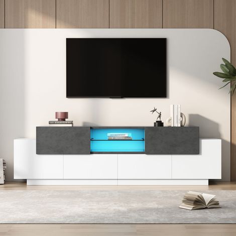 Meuble tv led blanc et gris avec étagères en verre, lowboard moderne pour tv 55 à 80 pouces (1/5)