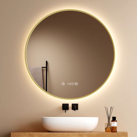 EMKE Miroir rond LED 80 cm pour salle de bain avec cadre doré, éclairage neutre dimmable, fonction anti-buée, écran avec horloge et température, commande tactile avec mémoire
