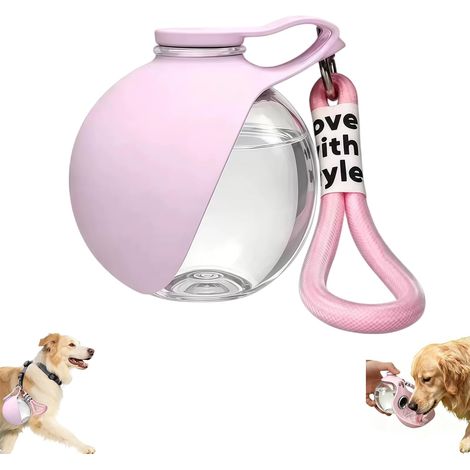 Botella de agua para perros para llevar, 10 oz, con recipiente de silicona plegable, diseño a prueba de fugas, recipiente transparente, liviano, senderismo, viajes, sin BPA, rosa (1/5)